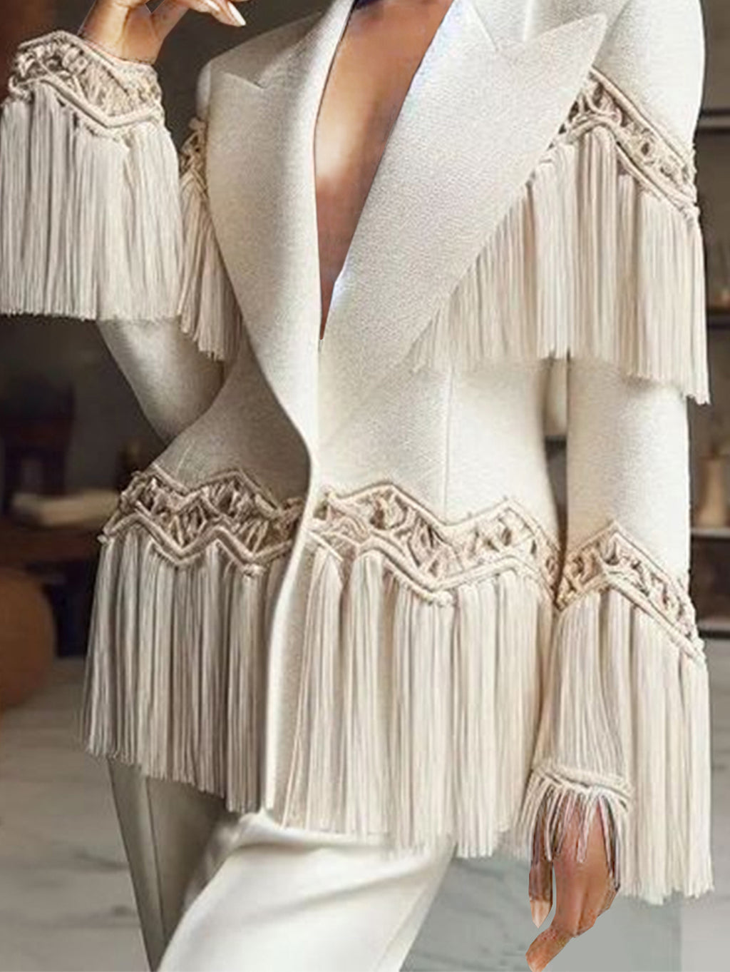Formal Solid Peaked Lapel Long Sleeve Fringed Blazer