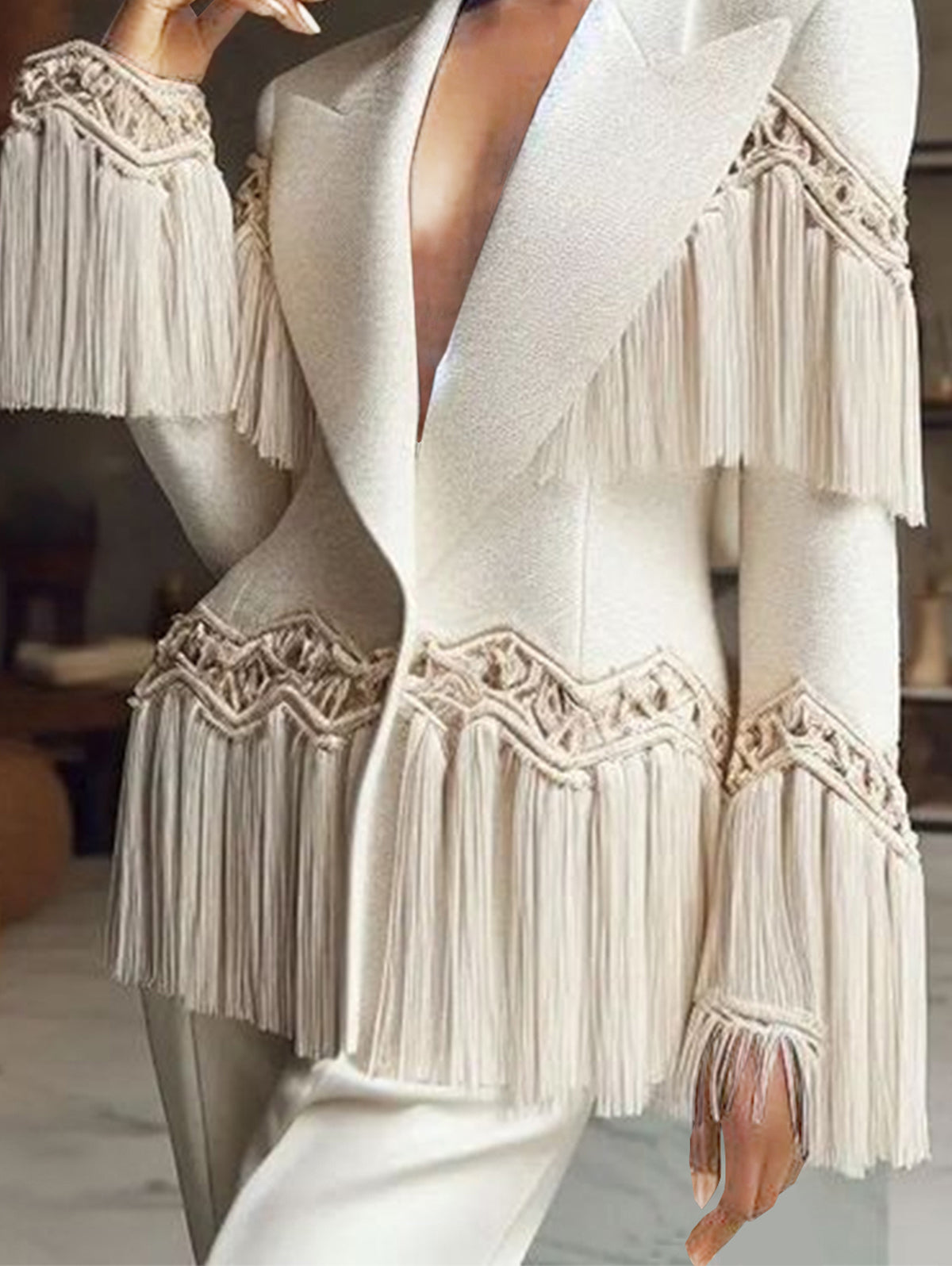 Formal Solid Peaked Lapel Long Sleeve Fringed Blazer