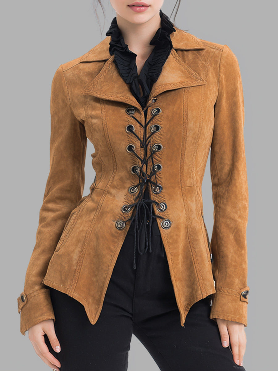 Ursiime Daily Khaki Turndown Collar Long Sleeve Lace Up Western Chamois Jacket [Pre-Order]