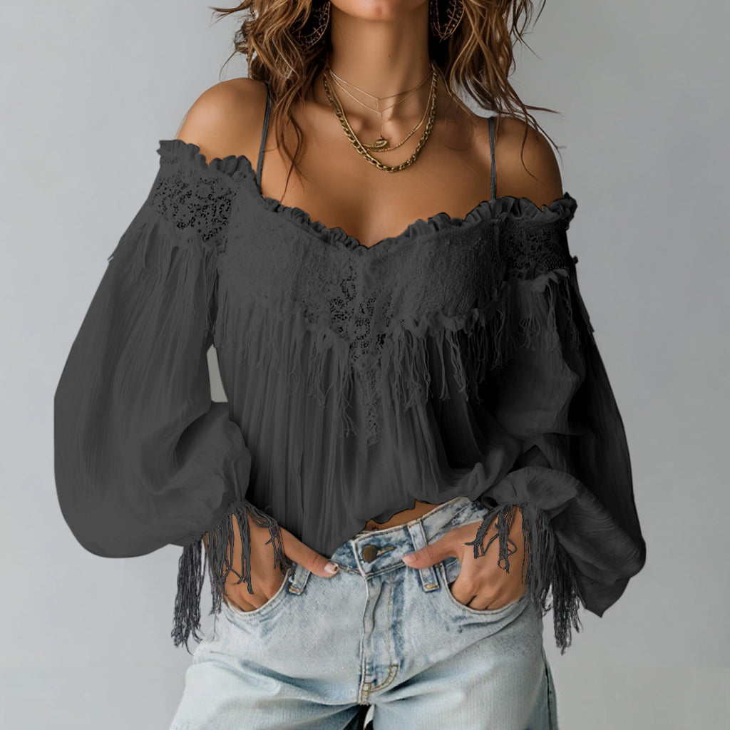 Ursiime Boho Lace Cold Shoulder Ruffled Lantern Sleeve Fringes Blouse
