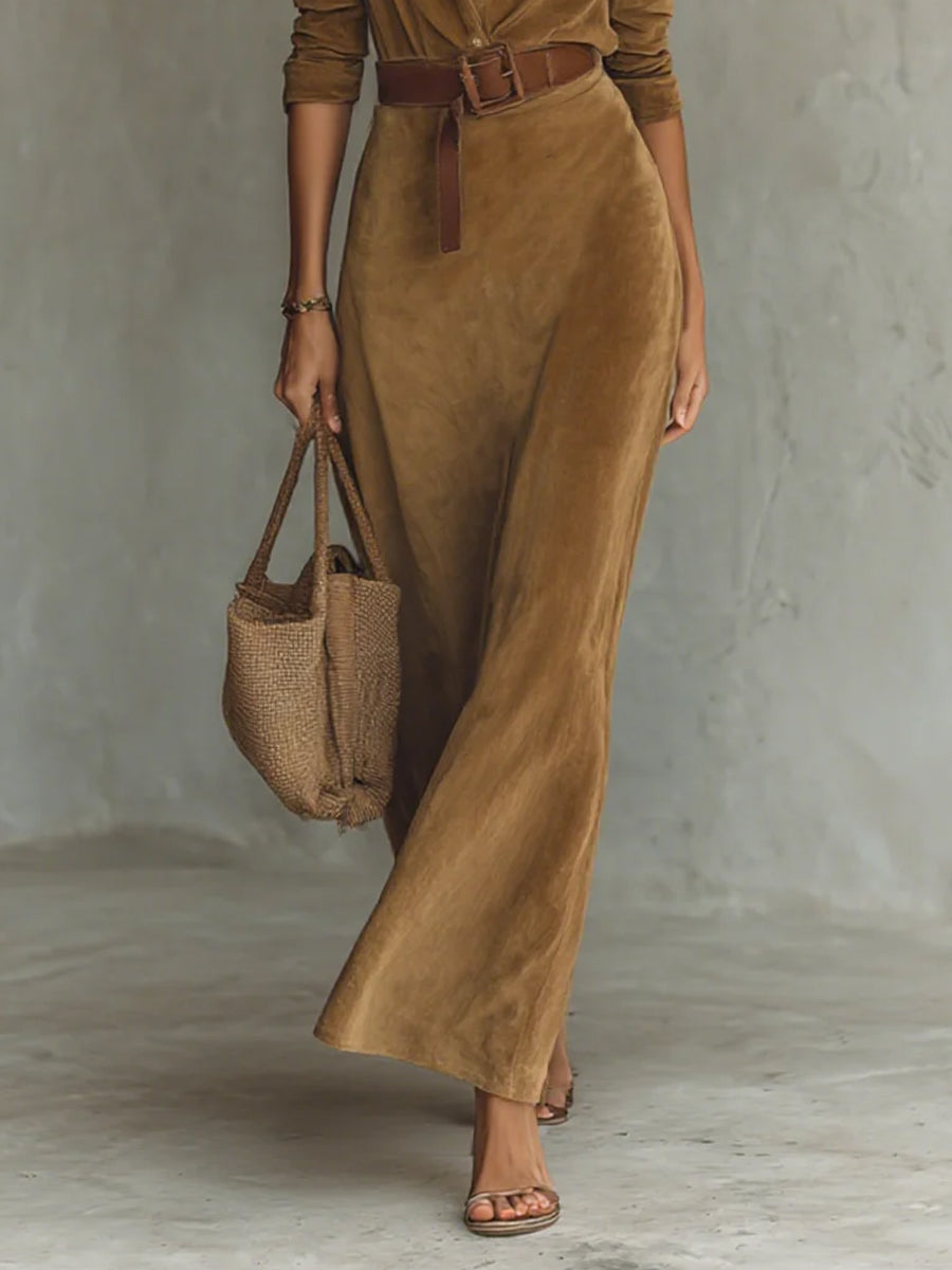 Elegant Brown Suede Shirt Collar Long Sleeve Button Belted Maxi Dress