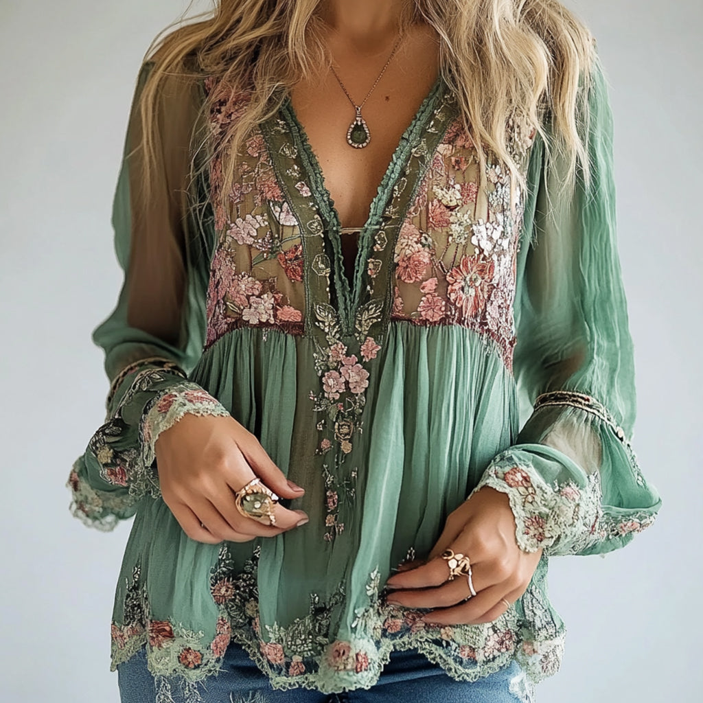 Ursiime Floral Pattern V Neck Semi-Transparent Long Sleeve Blouse