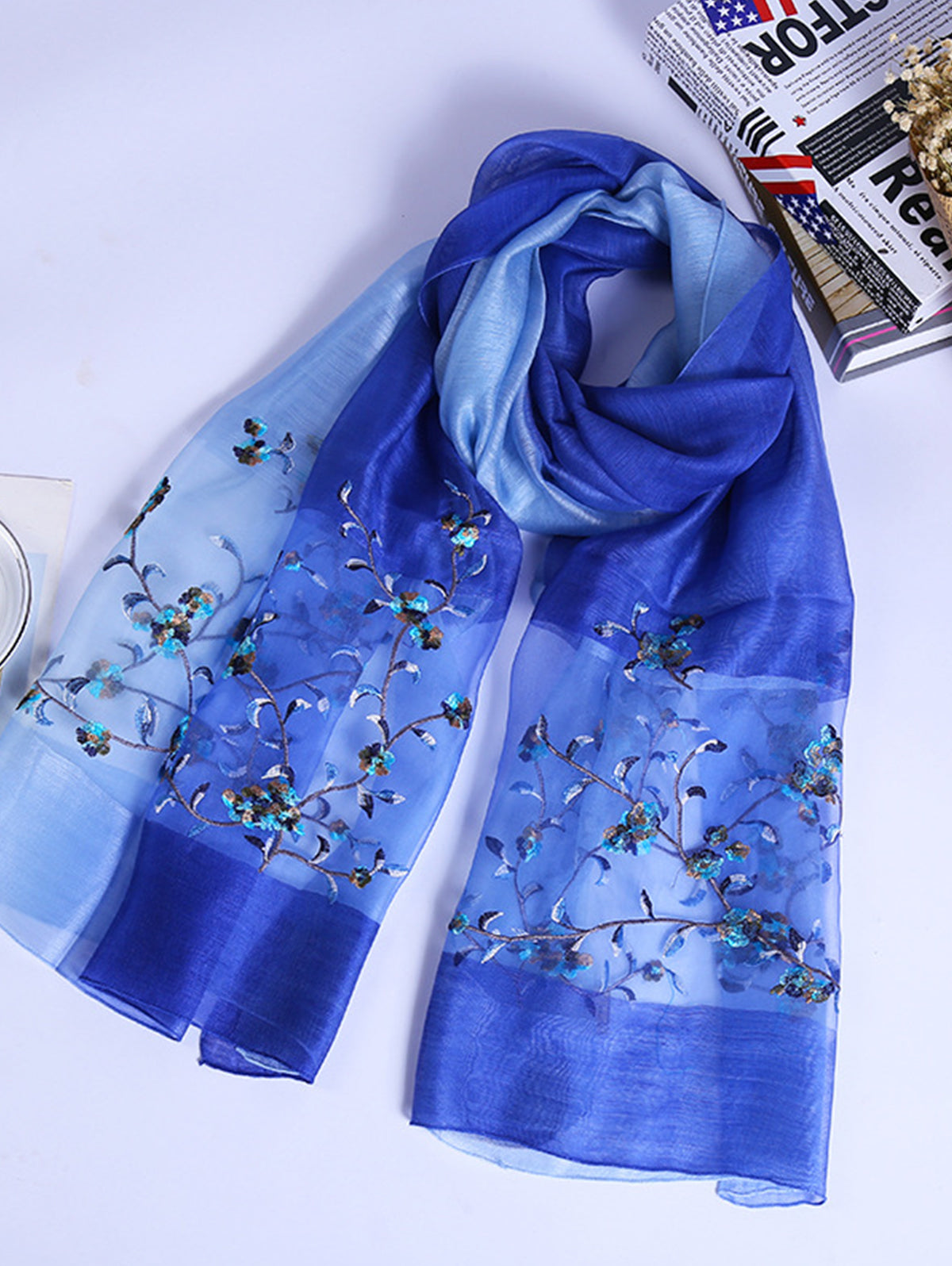 Daily Silk Gradient Floral Embroidery Rectangular Scarf