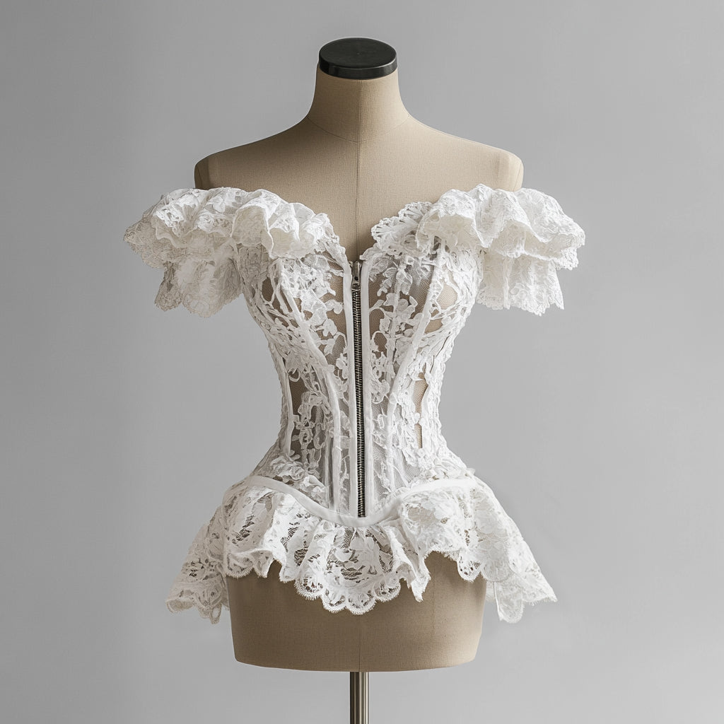 Ursiime Lace Ruffle Off Shoulder Zip Up Blouse