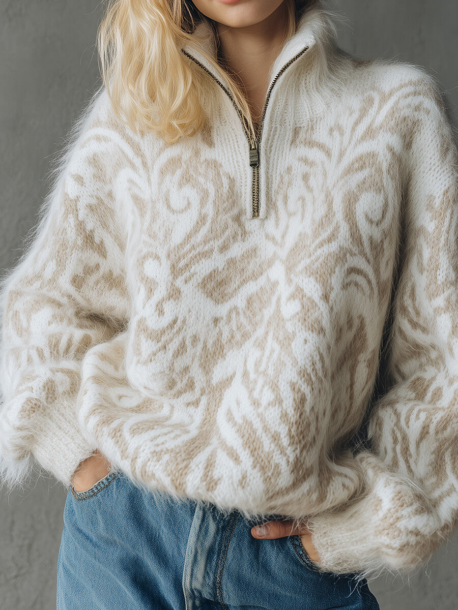 Ursiime Beige Fuzzy Knit Jacquard Stand Collar Half-Zip Long Sleeve Sweater