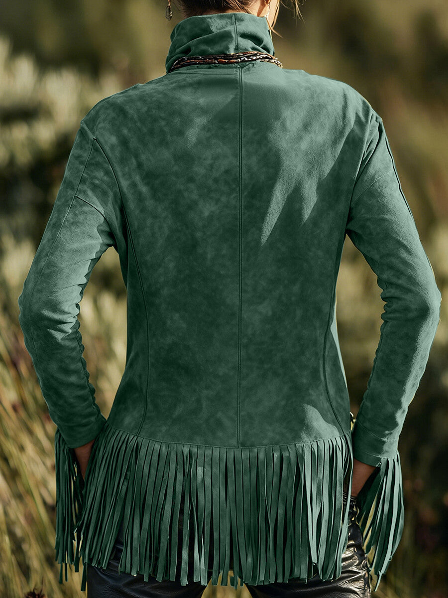 Ursiime Boho Green Suede High Neck Long Sleeve Fringe Hem Top