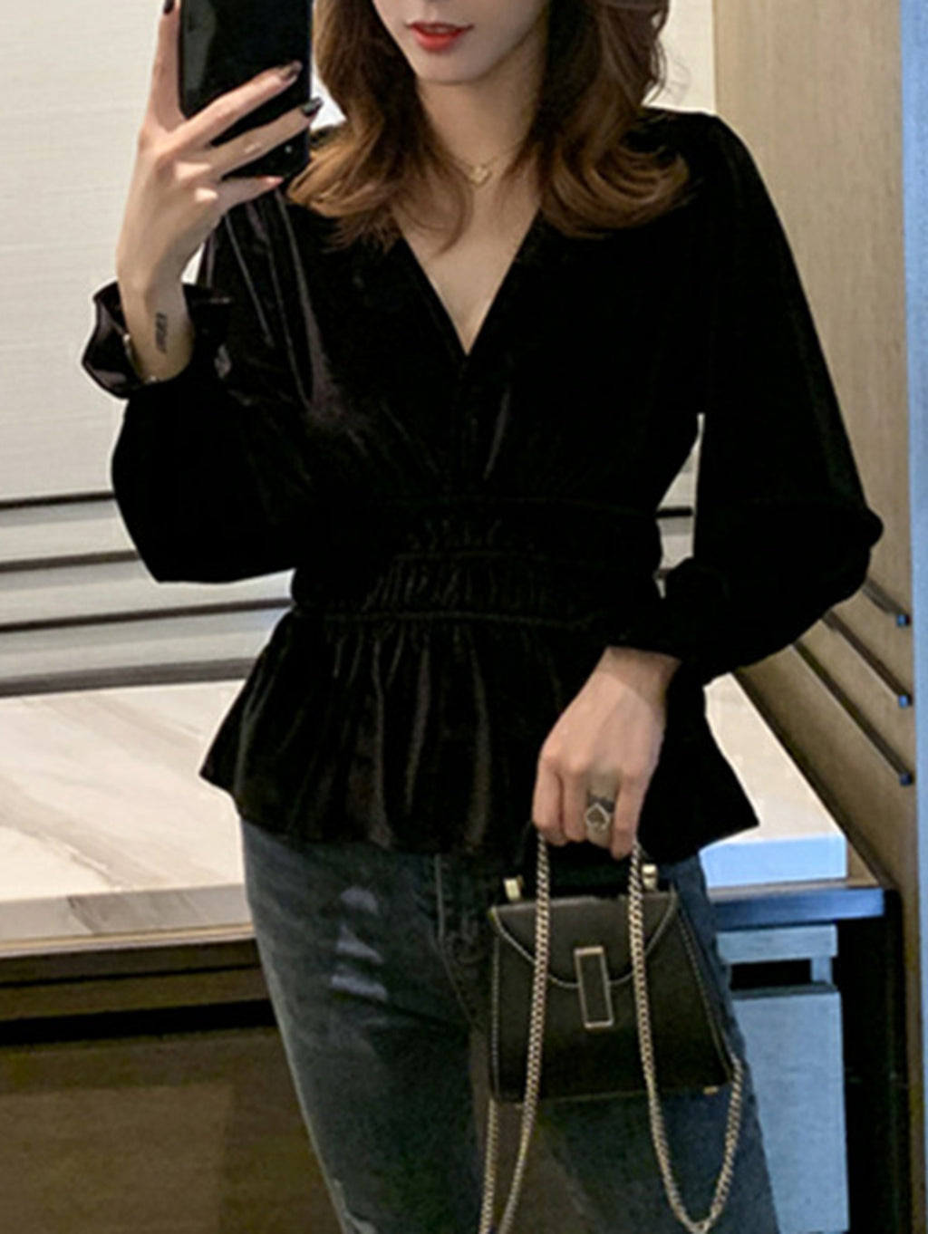 Elegant V Neck Long Sleeve Ruffle Peplum Velvet Blouse