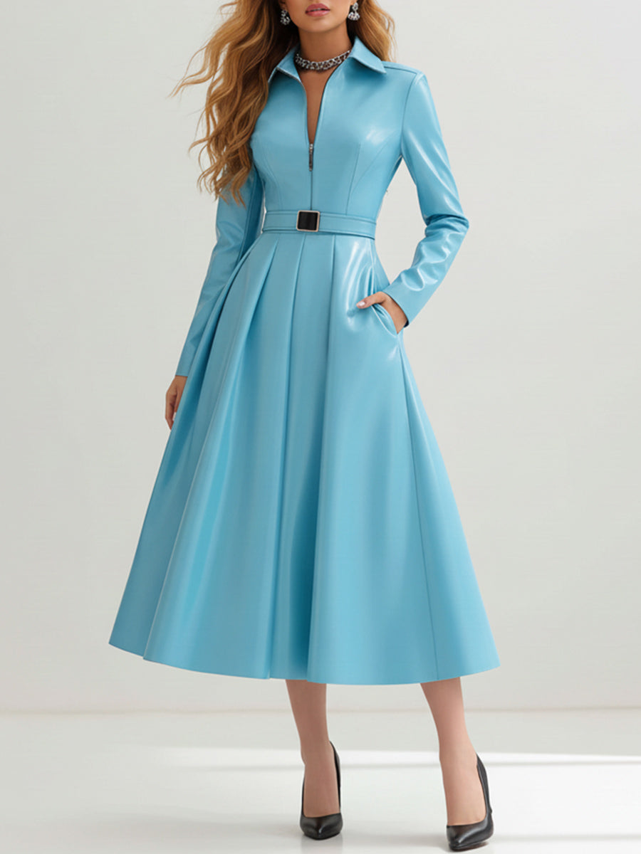 Ursiime Daily Blue Turndown Collar Long Sleeve Pocket Casual Zipper PU Leather Midi Dresses [Pre-Order]