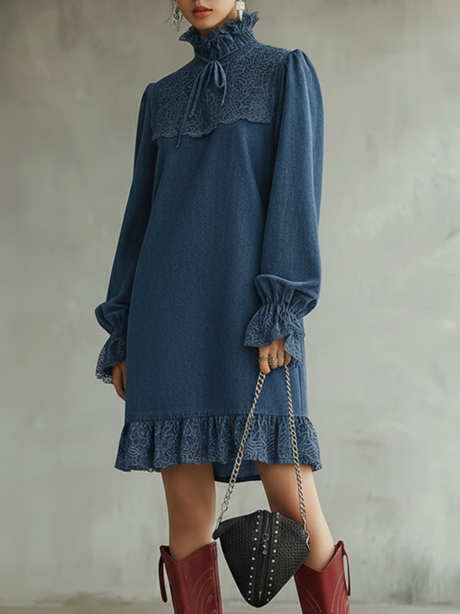 Ursiime Daily Blue High Collar Long Sleeve Contrast Casual Tencel Denim Mini Dresses [Pre-Order]
