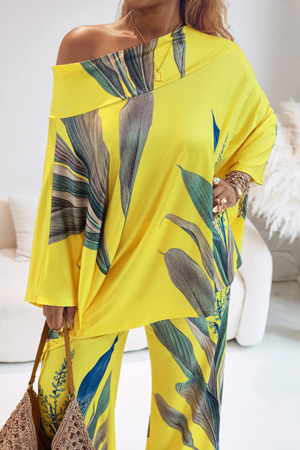 Ursiime Design Vacation Yellow Tropical Print Off The Shoulder Pocket Casual Two Piece Pant Sets [Pre-Order]