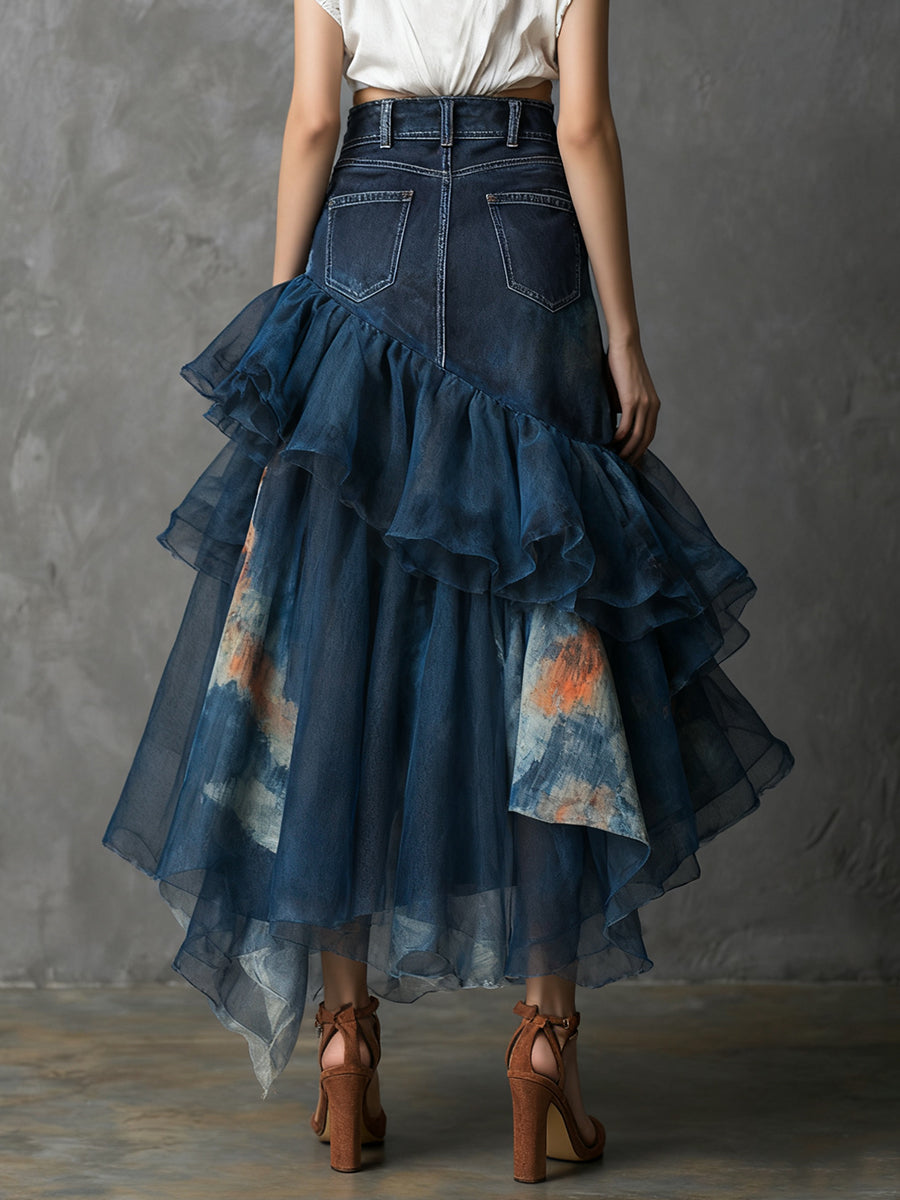 Ursiime Dark Blue Denim Printed Asymmetrical Ruffled Mesh Maxi Skirt