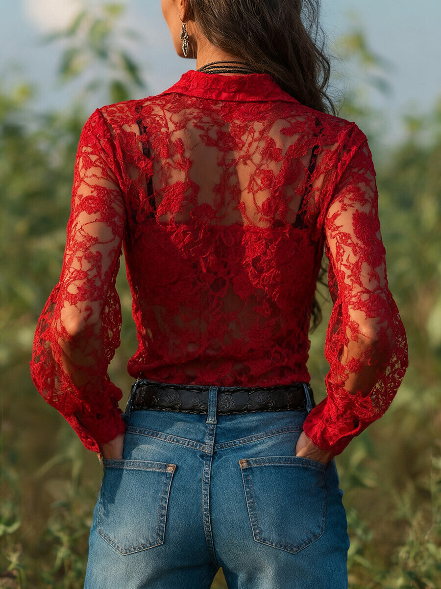 Ursiime Western Red Lace See-Through Lantern Sleeve Button Blouse
