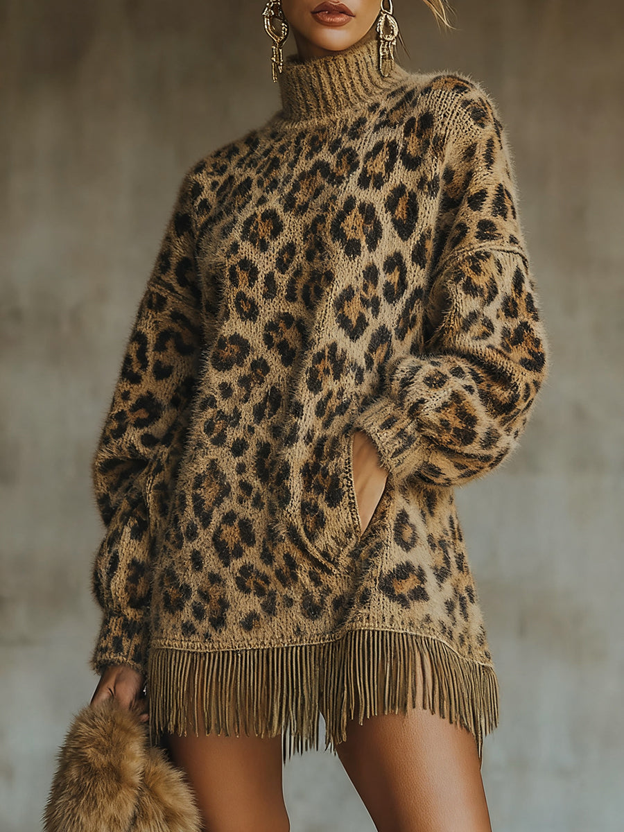 Ursiime Daily Grey Leopard High Collar Lantern Sleeve Long Sleeve Strappy Casual Pocket Knitted Mini Dresses [Pre-Order]