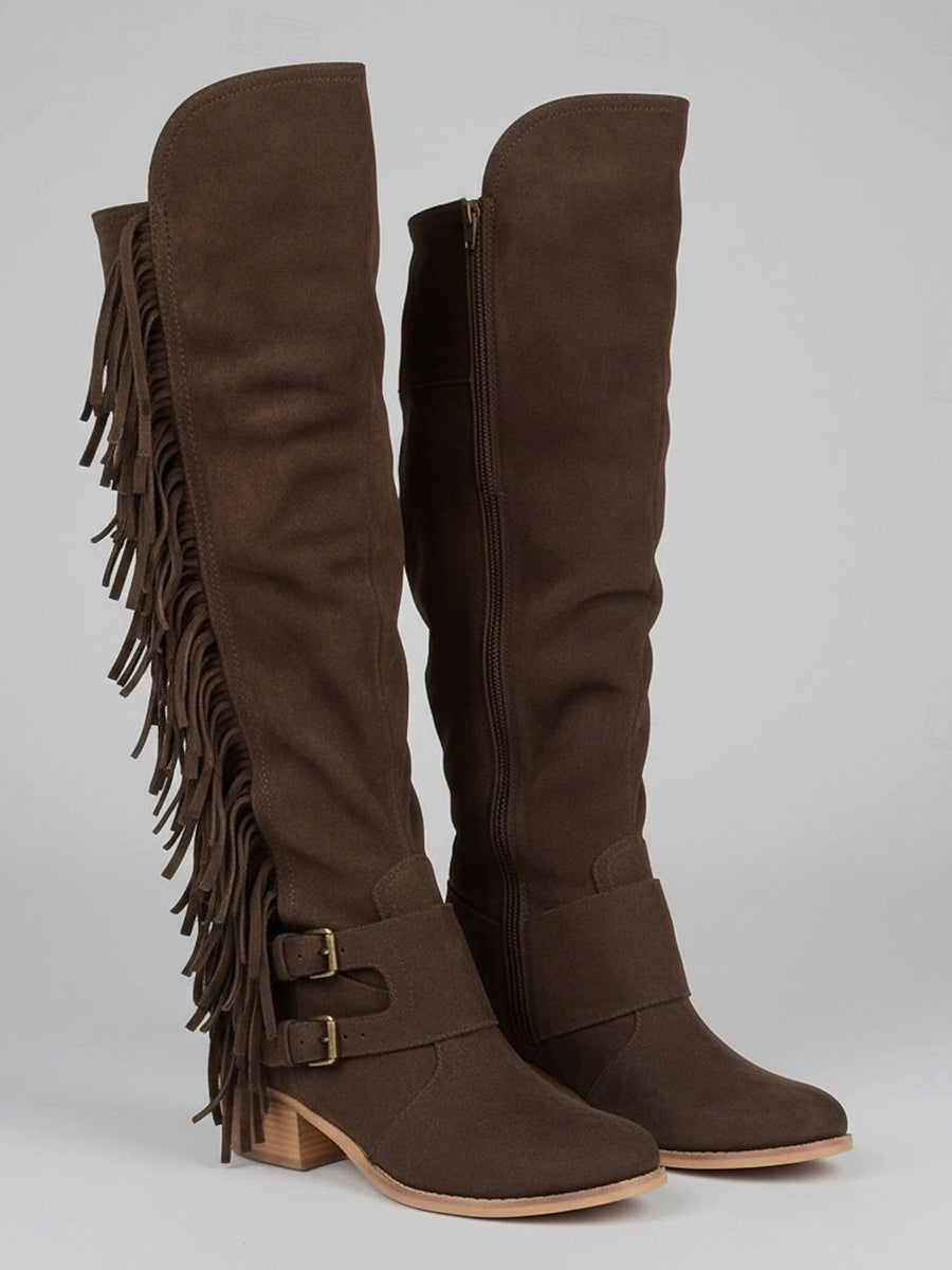 Western Brown Suede Double Buckle Straps Fringe Over-The-Knee Boots
