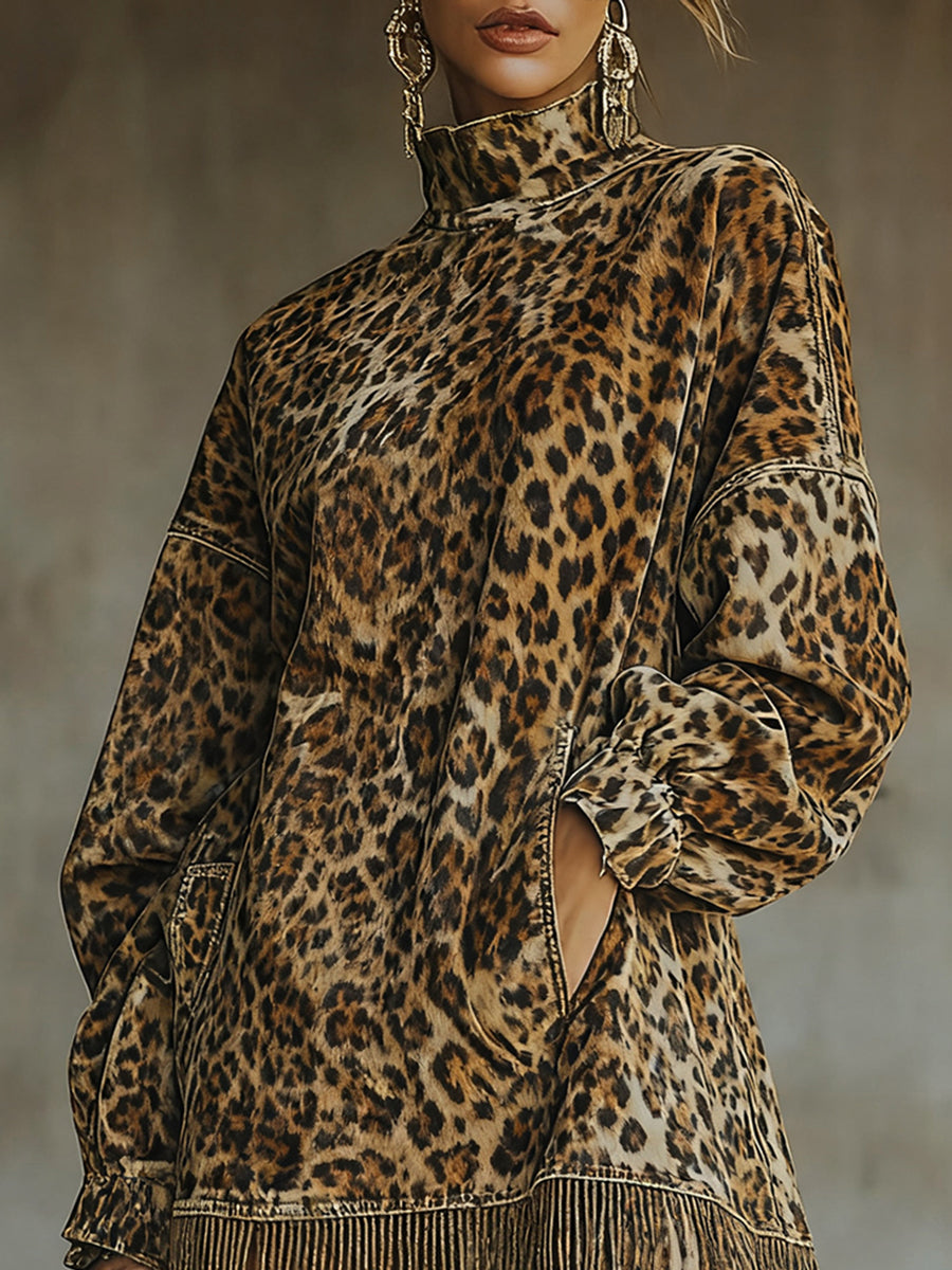 Ursiime Party Khaki Leopard Print High Neck Lantern Sleeve Pocket Fringe Hem Mini Dress