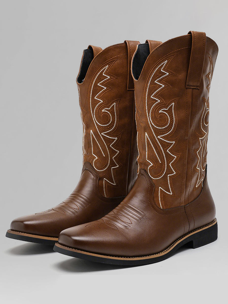 Retro Brown PU Leather Embroidered Square Toe Western Cowboy Boots