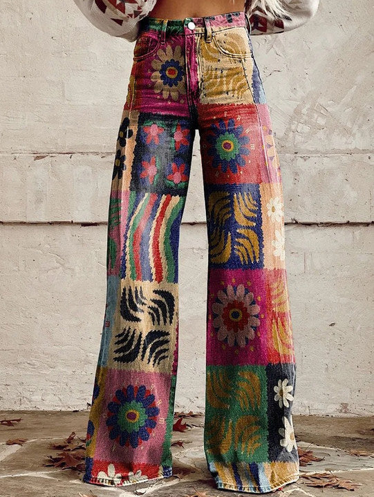 Daily High Rise Pattern Pocket  Wide Leg Pants