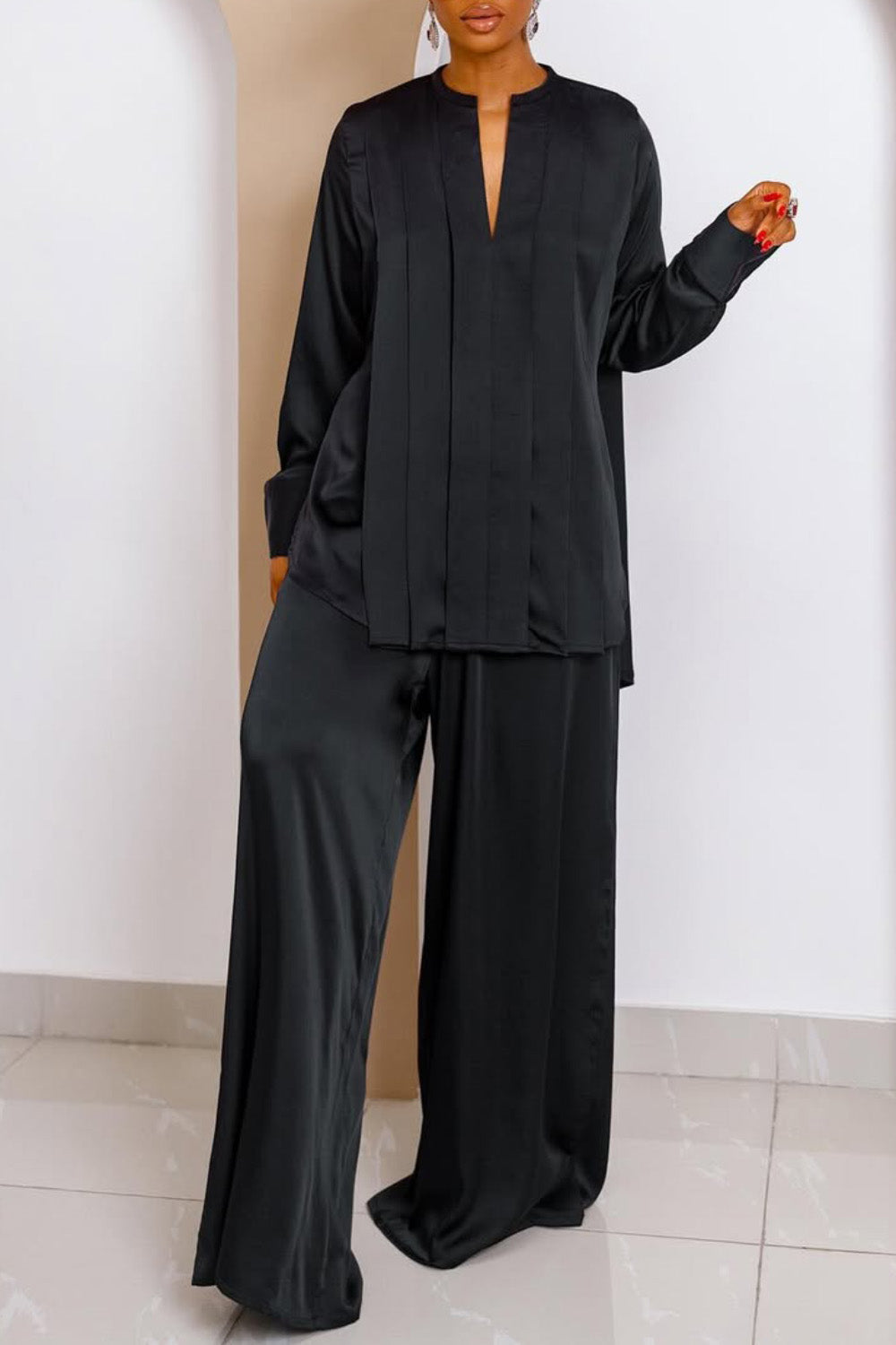 Ursiime Design Business Casual Black Stand-Up Collar Long Sleeve Pleated Elegant Pocket Two Piece Pant Sets [Pre-Order]