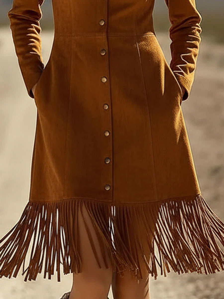 Ursiime Daily Brown Turndown Collar Long Sleeve Strappy Vintage Pocket Chamois Midi Dresses