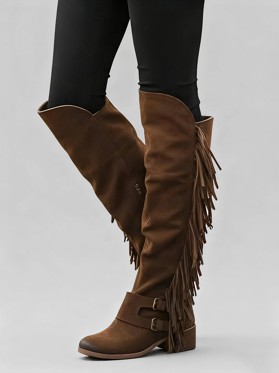 Western Brown Suede Double Buckle Straps Fringe Over-The-Knee Boots