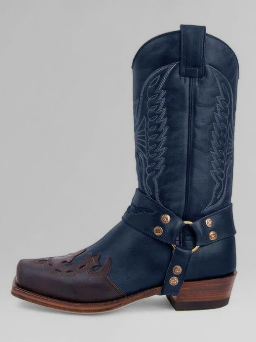 Western Brown PU Leather Embroidered Buckle Strap Square Toe Side Zipper Boots