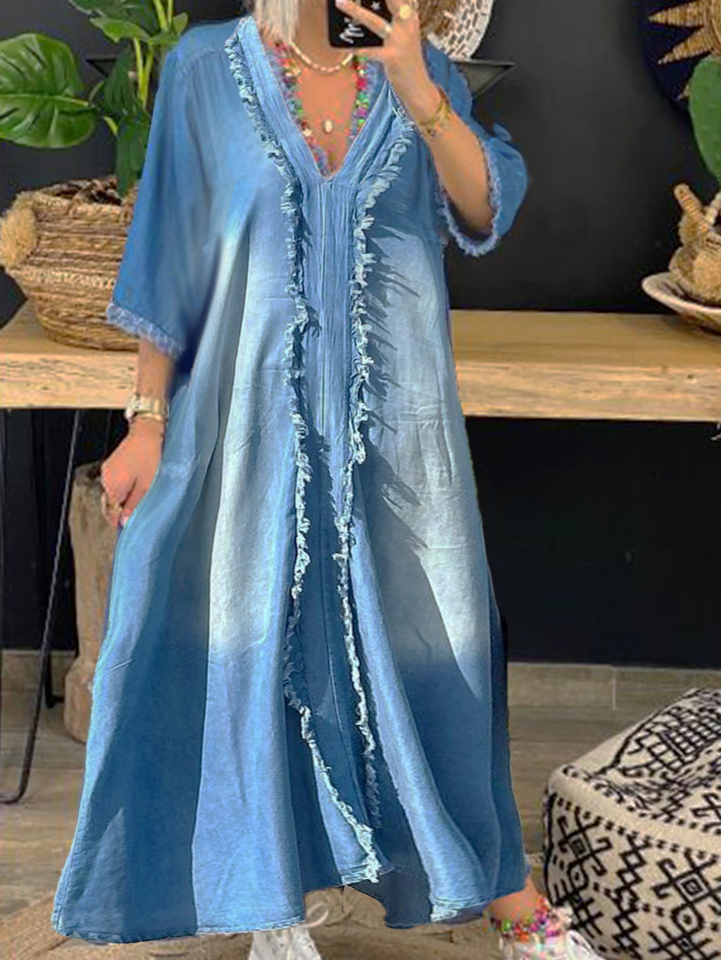 Ursiime Denim Raw Trim V Neck 3/4 Sleeve Maxi Dress