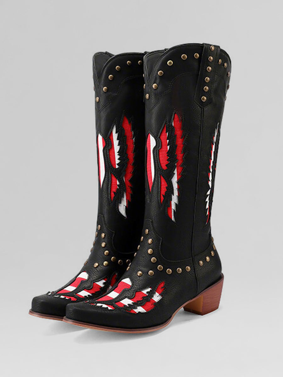 Western Apricot PU Leather Colorblock Studded Pointed Toe Cowboy Boots
