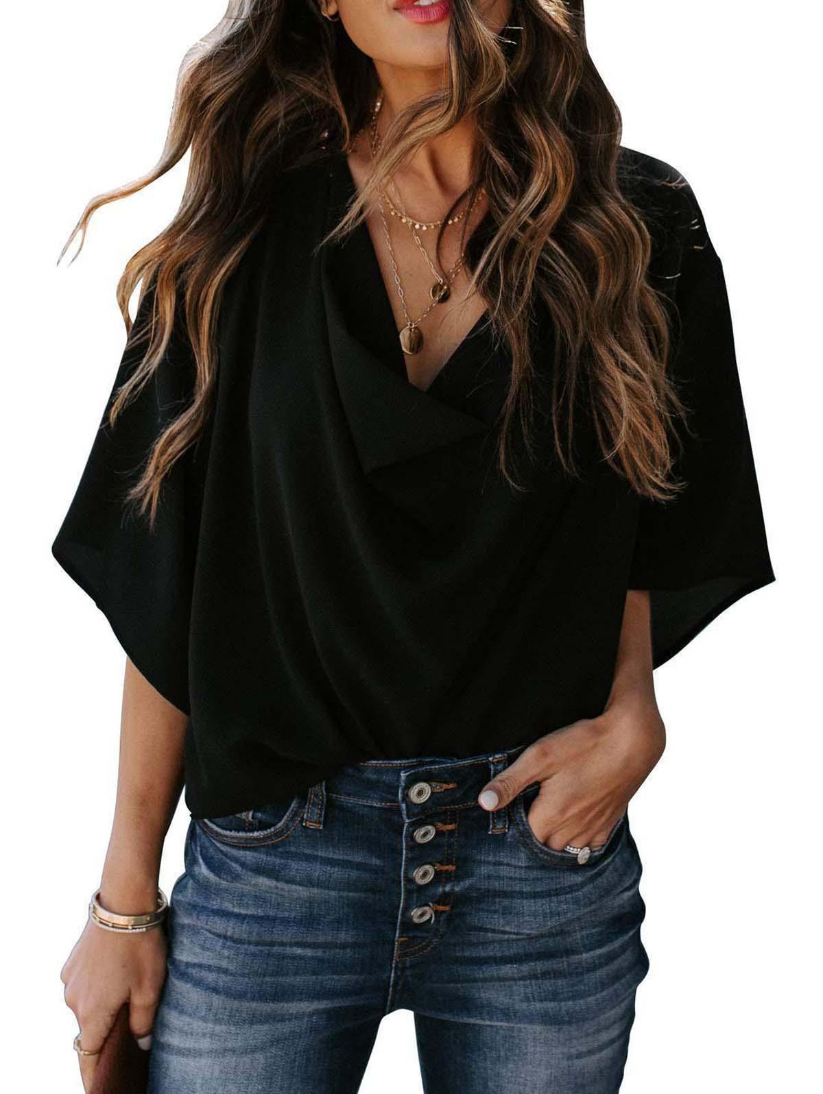 Solid Drape Neck Casual Chiffon Top
