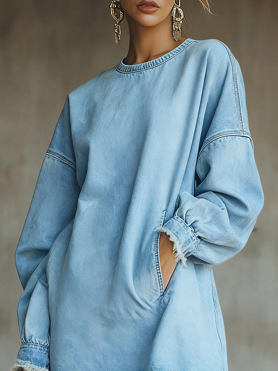 Ursiime Daily Blue Round Neck Long Sleeve Strappy Casual Trimmings Denim Mini Dresses