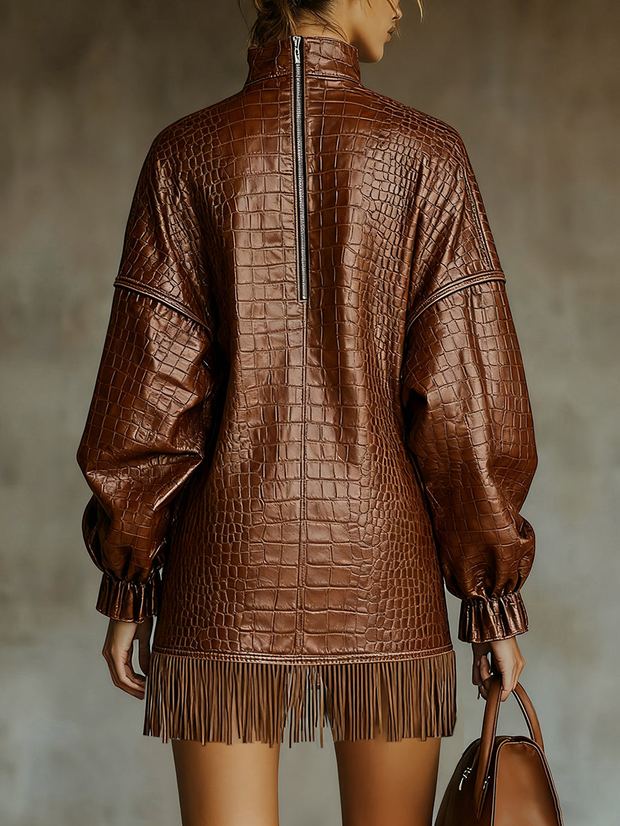 Ursime Fashion Dark Brown High Neck Lantern Sleeve Pocket Fringe Crocodile PU Leather Mini Dress