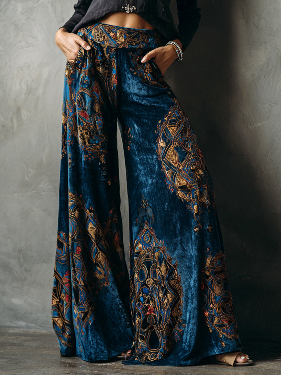 Ursiime Velvet Ethnic Print High Rise Slant Pocket Wide Leg Pants
