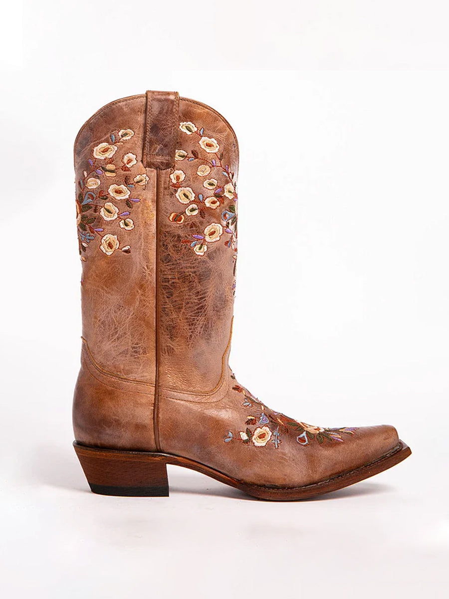 Western Brown PU Leather Floral Embroidery Square Toe Boots