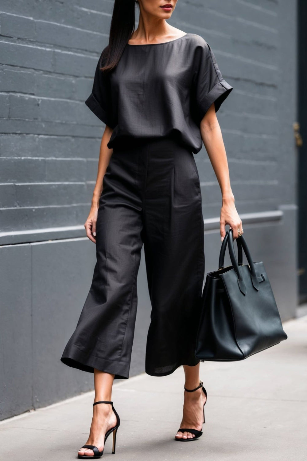 Ursiime Design Business Casual Black Round Neck Short Sleeve Pocket Elegant Two Piece Pant Sets [Pre-Order]