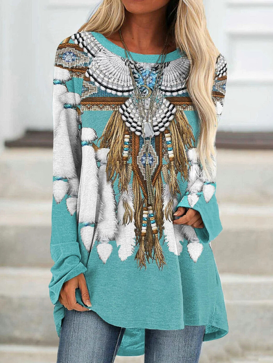 Ethnic Retro Print Crew Neck Long Sleeve T-Shirt