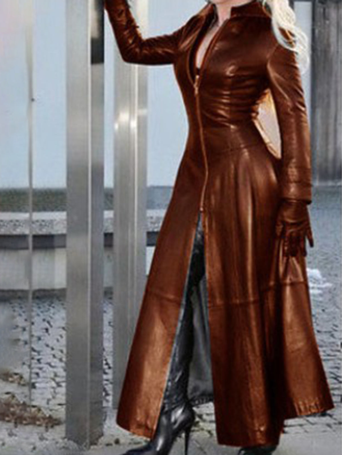 Casual PU Leather Stand Collar Zipper Solid Trench Coat