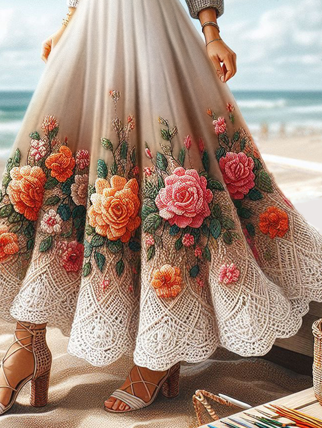 Ursiime Lace Floral Print Pleated Maxi Skirt