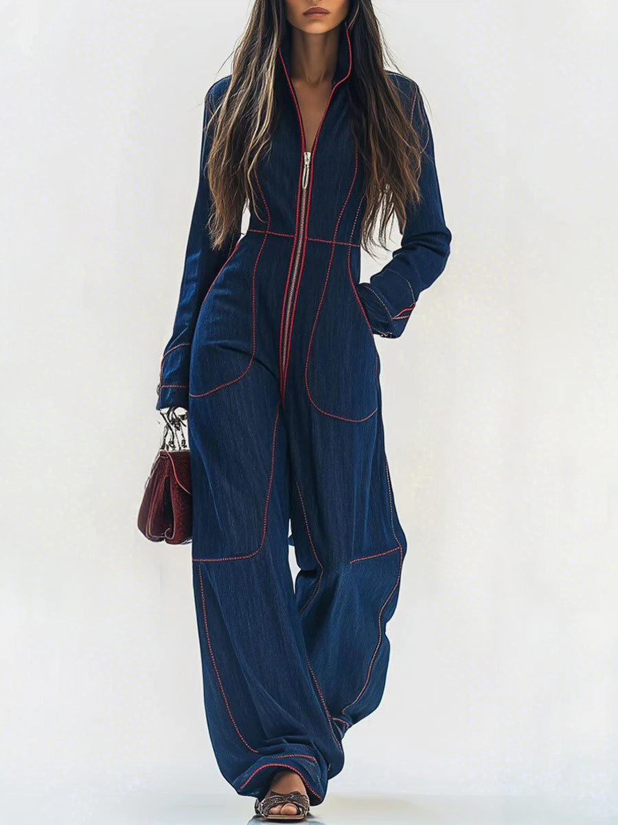 Fashion Dark Blue Denim Red Contrast Stitched Pocket Zipper Wide Leg Jumpsuit