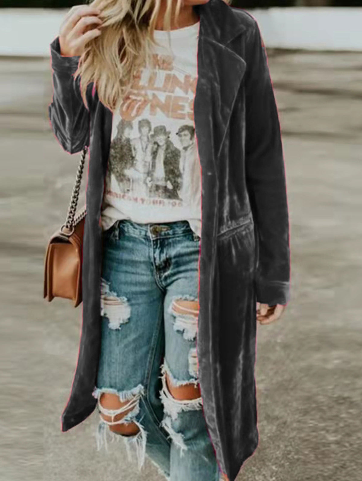 Fashion Notched Lapel Long Sleeve Velvet Trench Coat