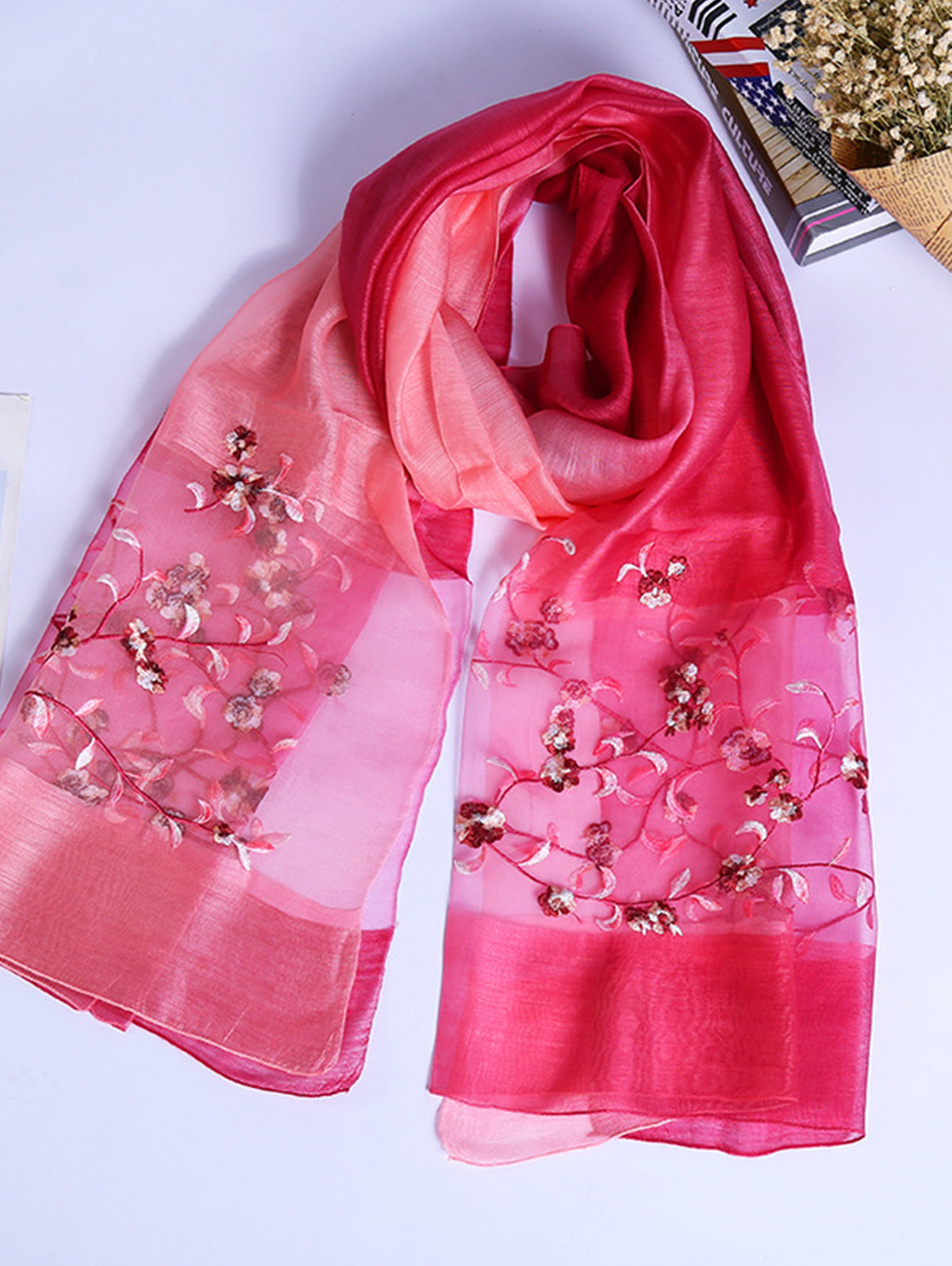 Daily Silk Gradient Floral Embroidery Rectangular Scarf