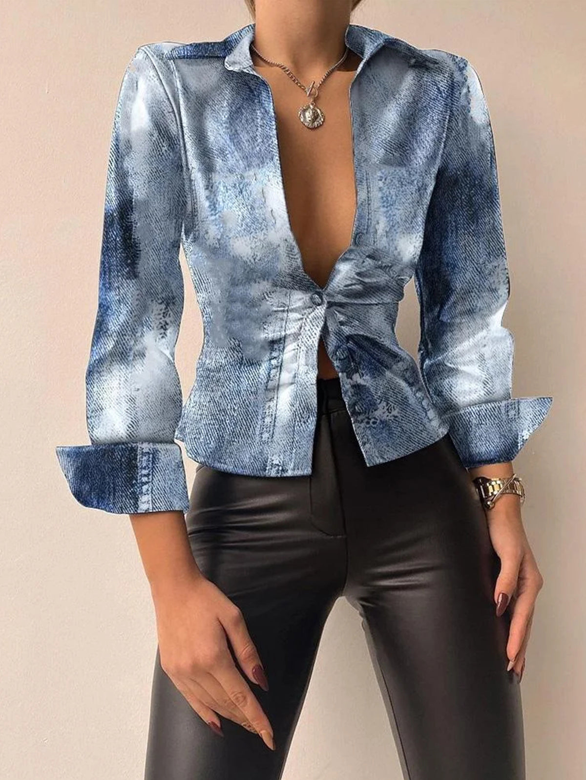 Casual PU Leather Shirt Collar Button Long Sleeve Blouse