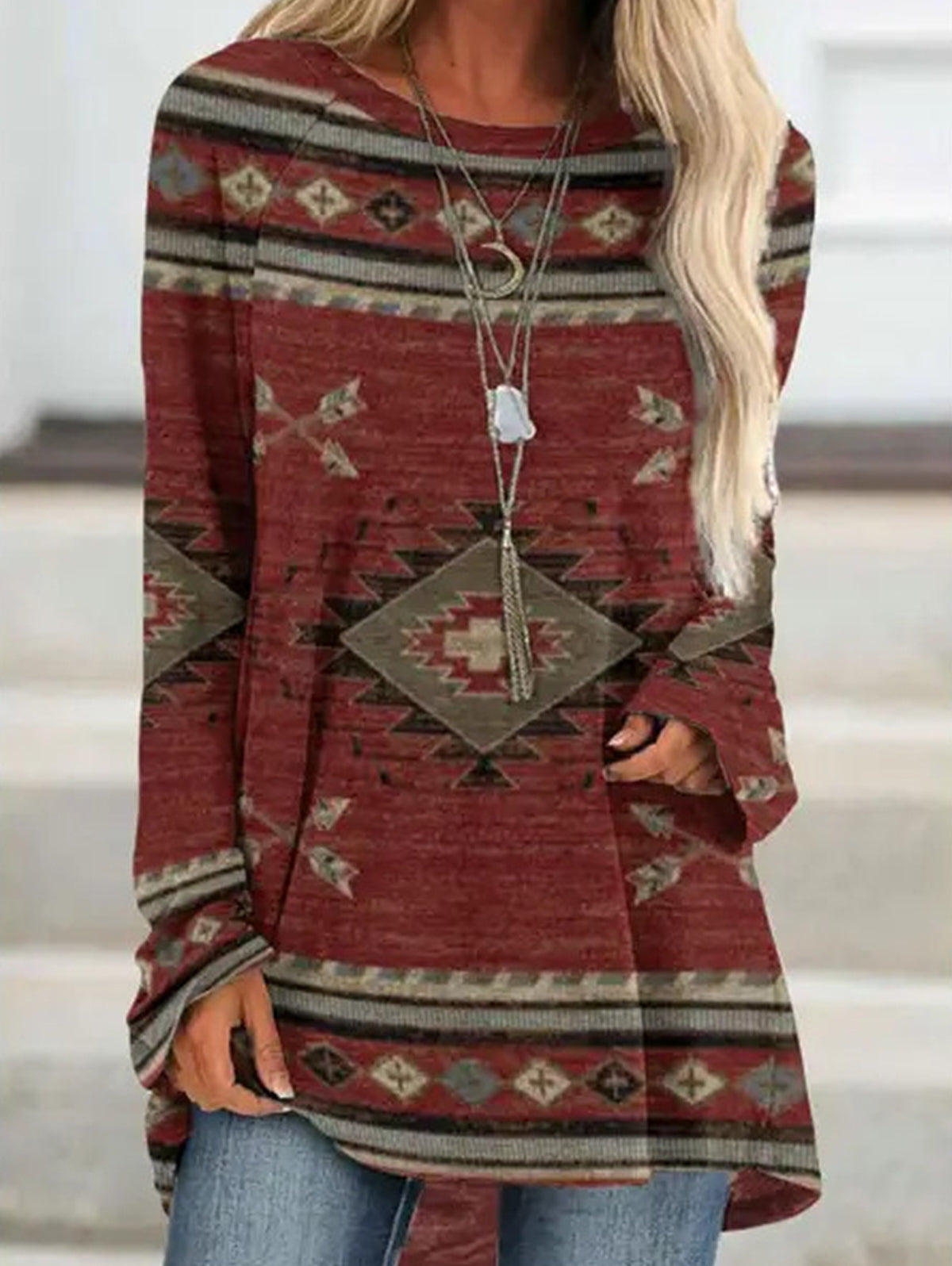 Ethnic Retro Print Crew Neck Long Sleeve T-Shirt