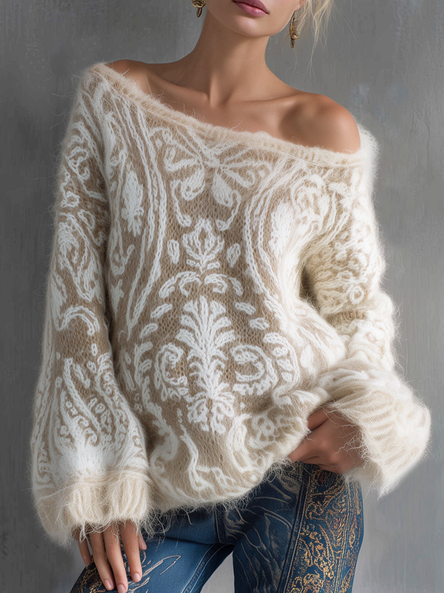 Ursiime Off Shoulder Flare Sleeve Floral Pattern Plush Trim Sweater