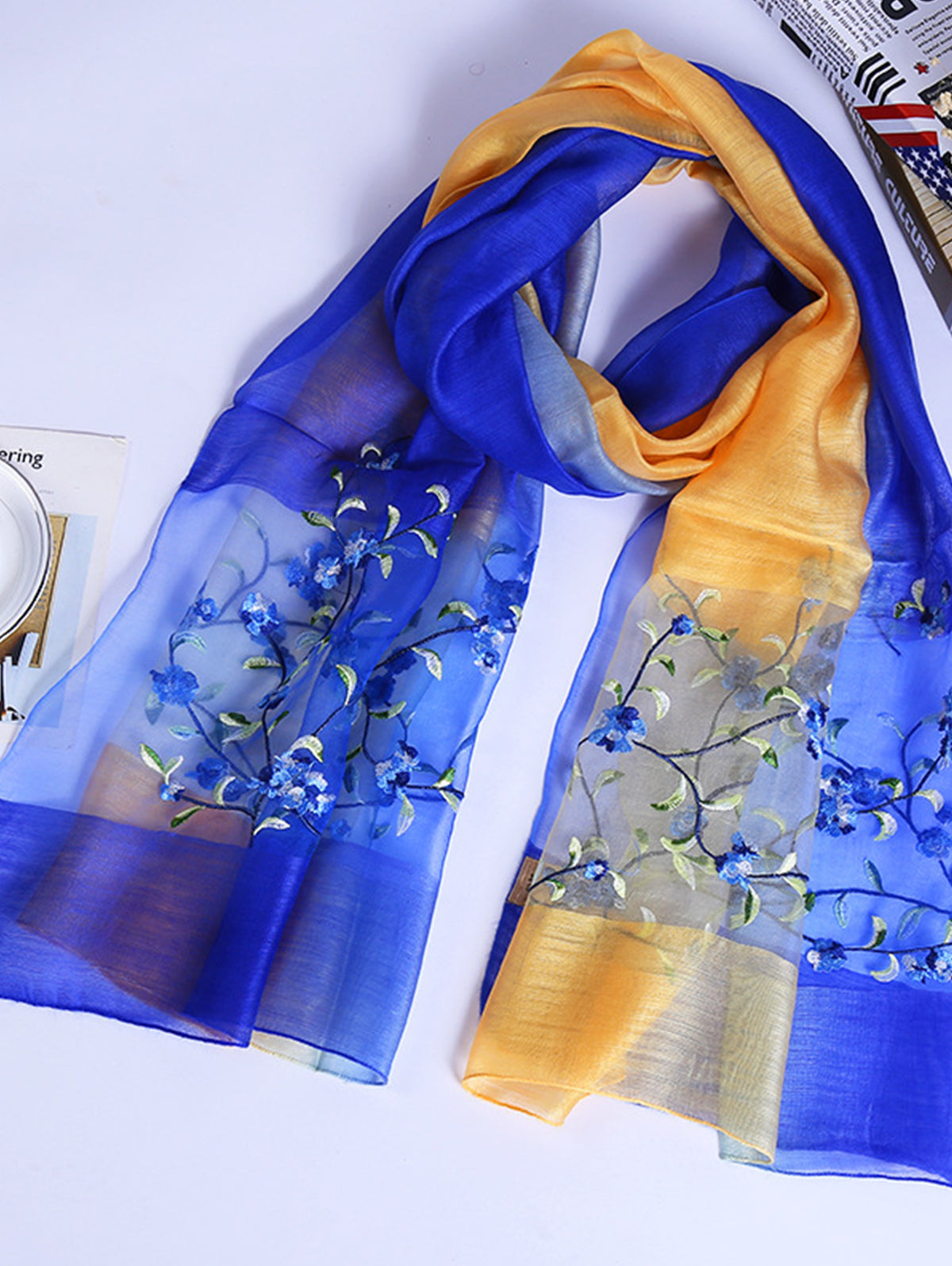 Daily Silk Gradient Floral Embroidery Rectangular Scarf