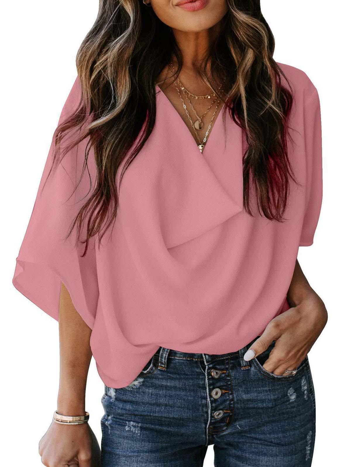 Solid Drape Neck Casual Chiffon Top