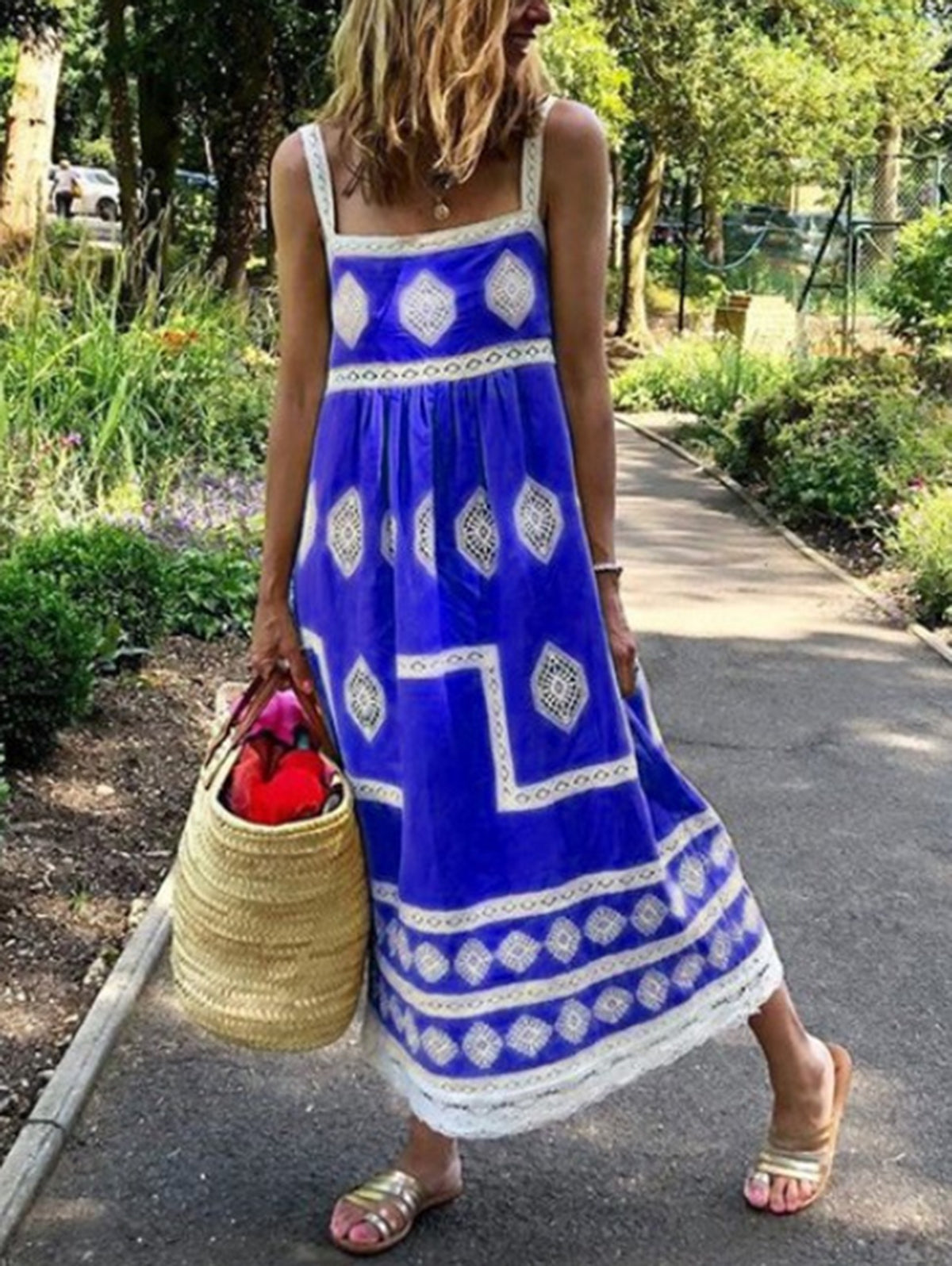 Casual Square Neck Boho Print Tank Maxi Dress