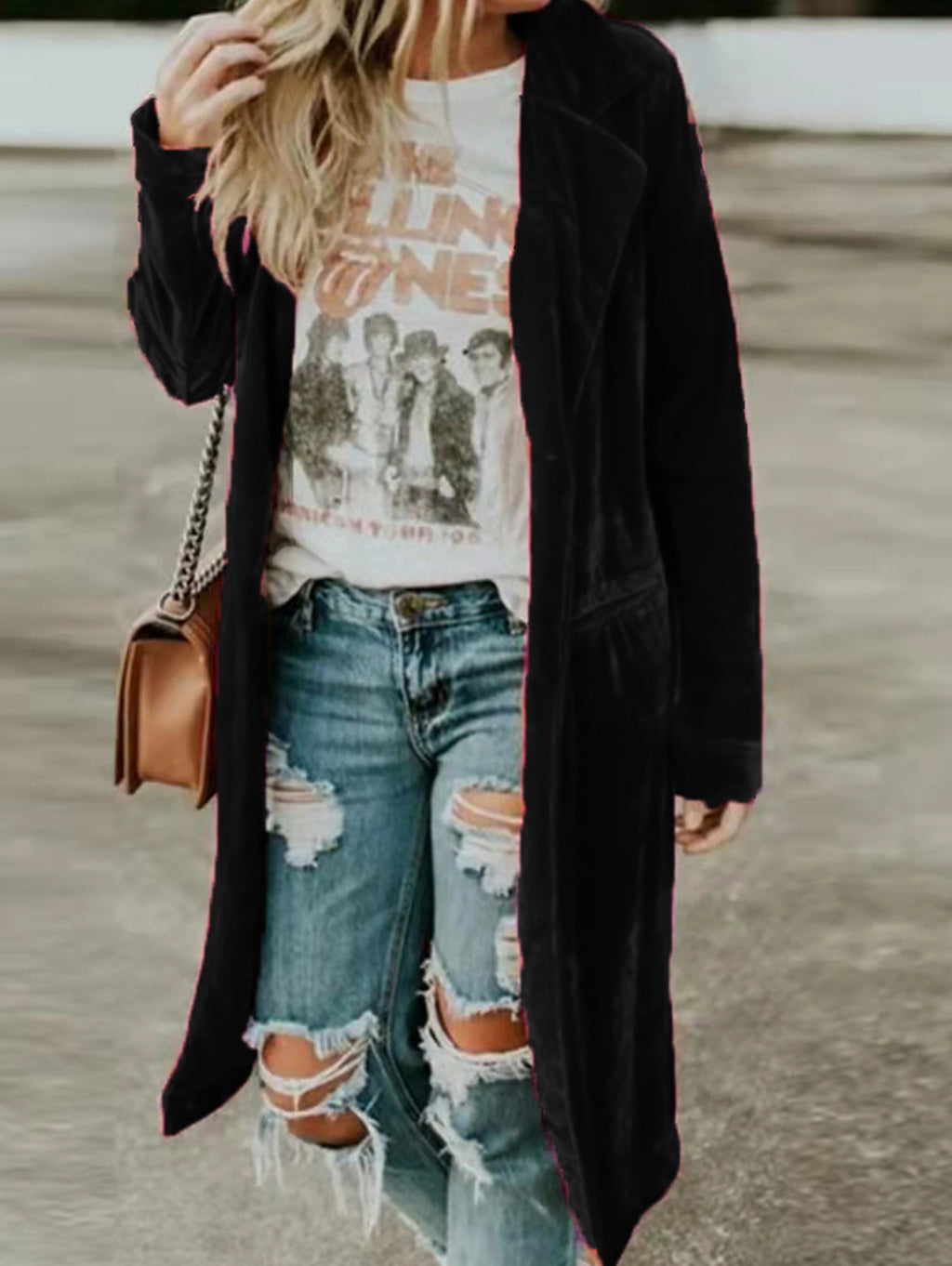 Fashion Notched Lapel Long Sleeve Velvet Trench Coat