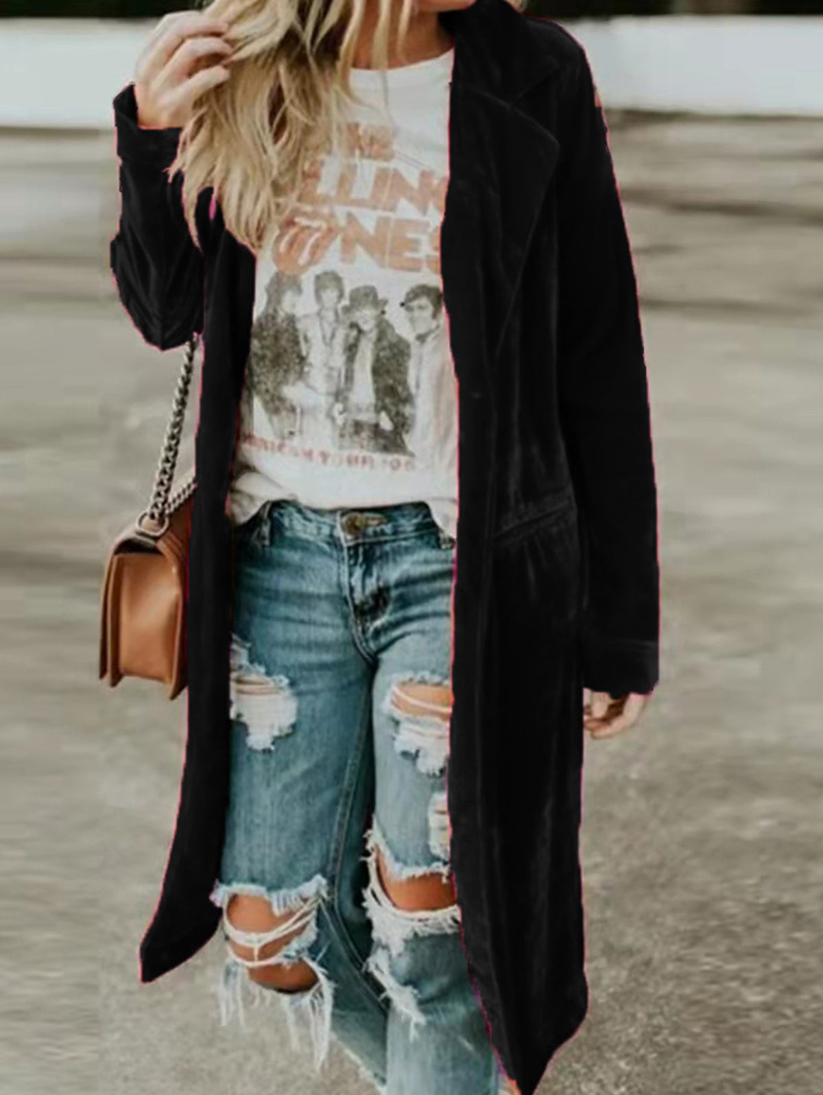 Fashion Notched Lapel Long Sleeve Velvet Trench Coat