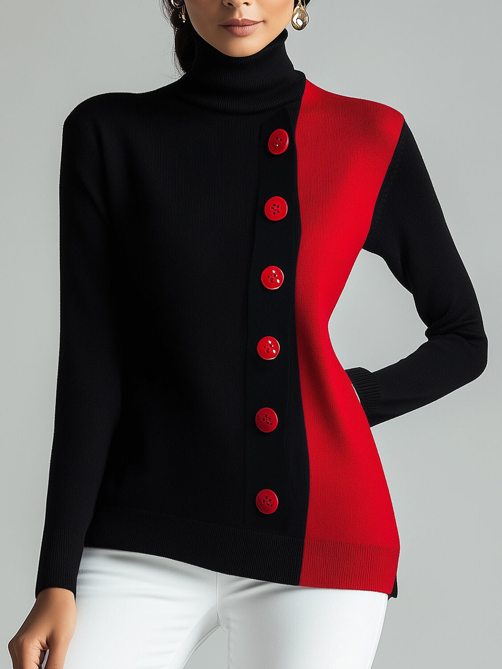 Ursiime Colorblock Button Long Sleeve Turtleneck Sweater