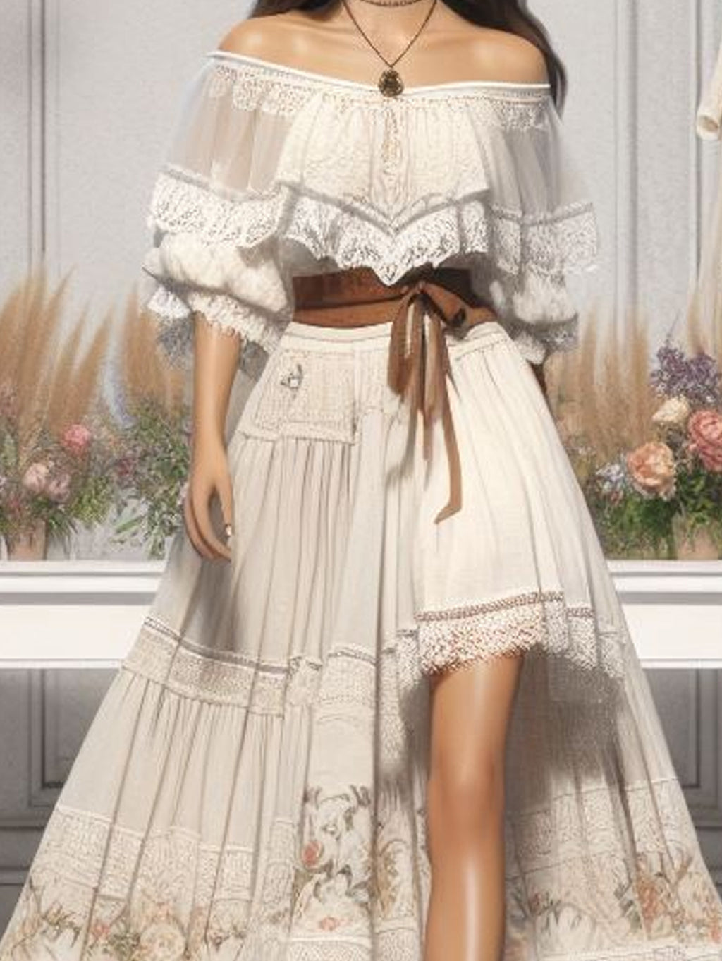 Off Shoulder Puff Sleeve Lace Ruffled Floral Print Maxi Dress