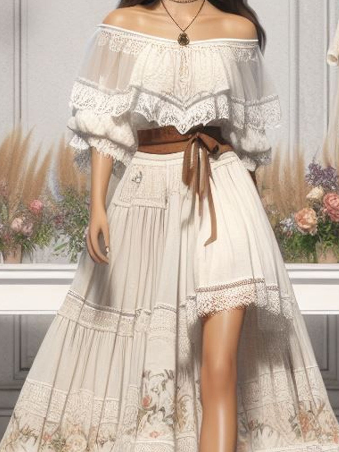 Off Shoulder Puff Sleeve Lace Ruffled Floral Print Maxi Dress